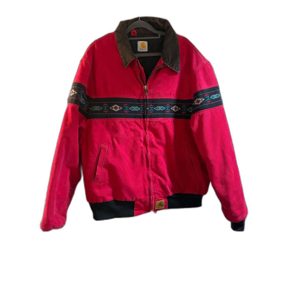 Vintage Carhartt 90s J77 RED Canvas Aztec Jacket Size XL Lined Santa Fe Coat